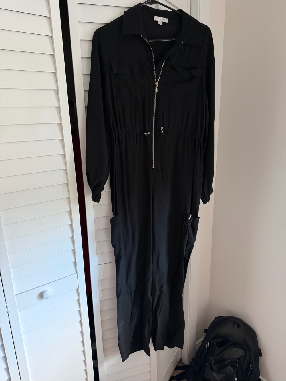 Topshop Black Long-Sleeve Zip-Front Jumpsuit